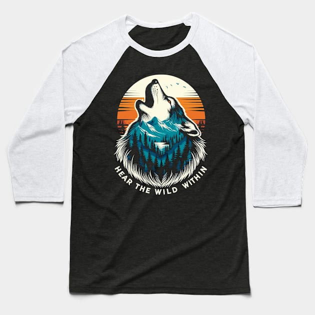 "Inner Wilderness" - A Howling Wolf Silhouette Design Baseball T-Shirt by WEARWORLD